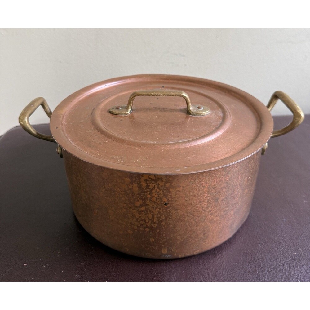 Vintage Copper Pot With Lid Brass Handles Patina Cottagecore French Country farm
